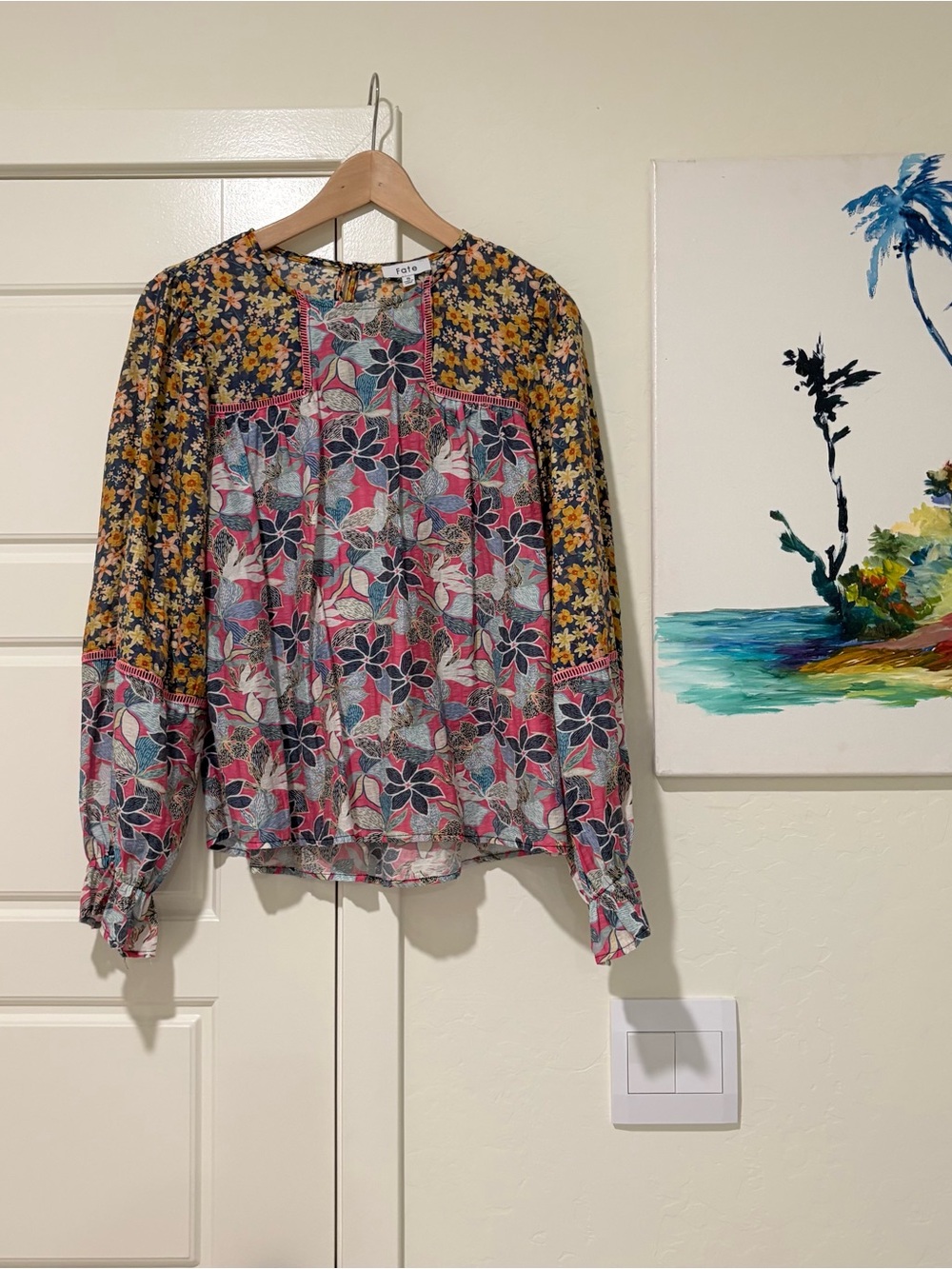 Fate Floral Mixed-Panel Long Sleeve Blouse in Pink and Yellow